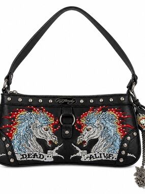 Ed Hardy Black Shoulder Bag with Red & Blue Mirrored Unicorns
